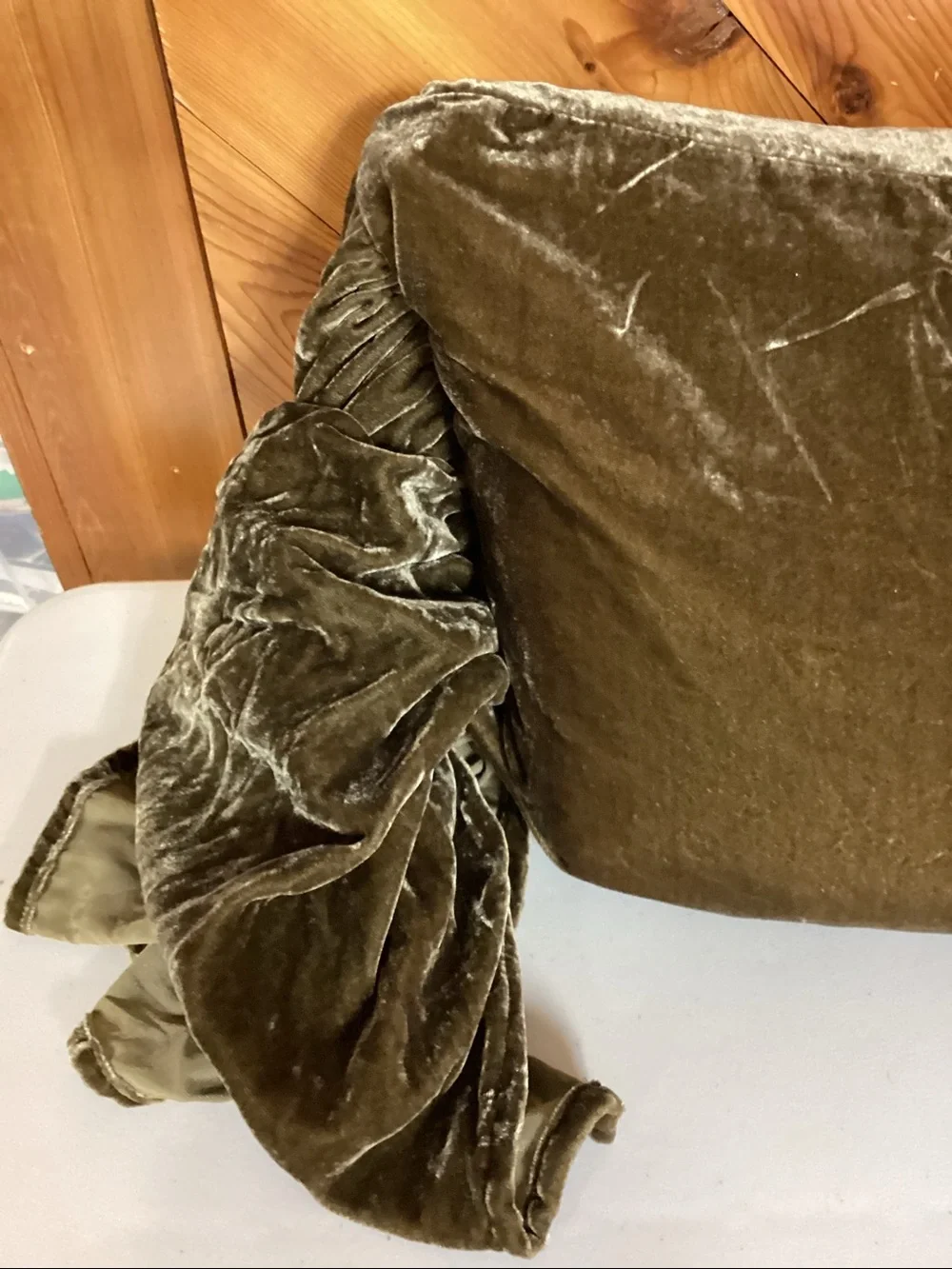 NWT HiEnd Accents STELLA FAUX SILK VELVET LONG RUFFLED PILLOW Olive